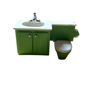 Vintage Fisher Price Bathroom Sink Toilet Dollhouse Furniture Green & White Plas
